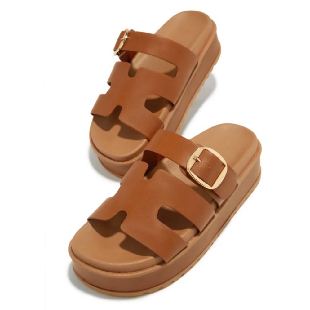 Tan Slip On Chunky Platform Sandals - Picture 5 of 8